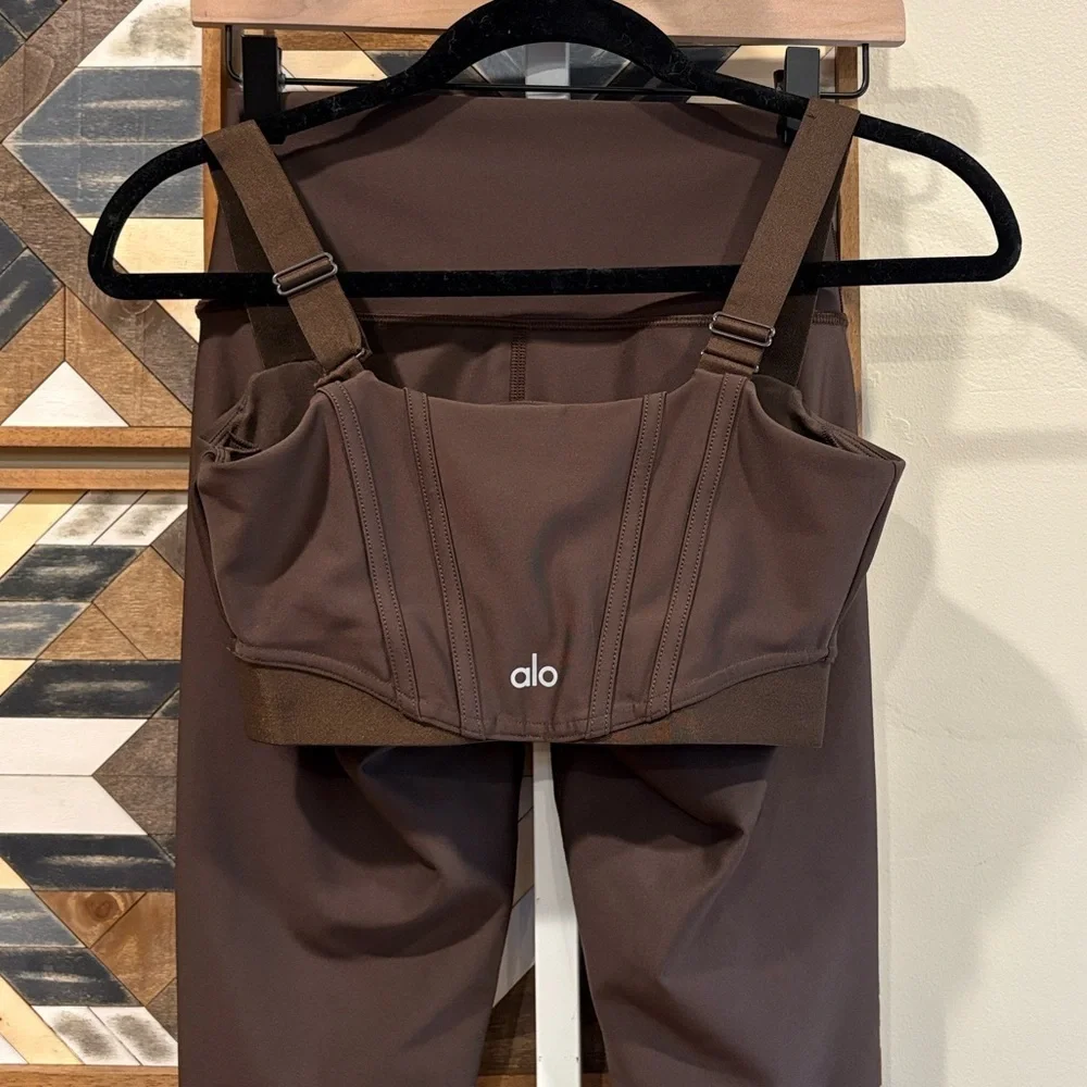 ALO Yoga 7/8 High-Waist Airlift Legging + Corset Bra Set Espresso Brown sz Small